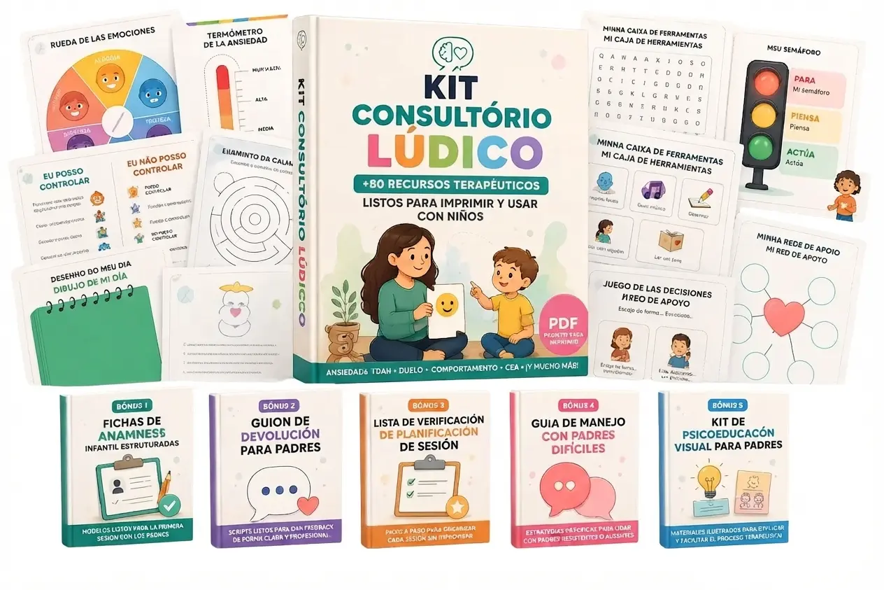 Kit Consultorio Lúdico — mockup con los recursos y bonos incluidos